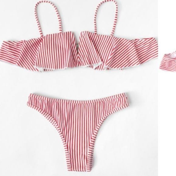 Fierce Broad Other - Red Striped Off Shoulder Bikini